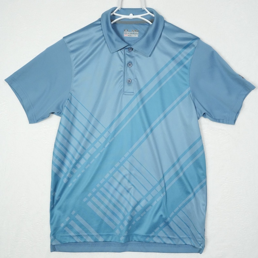Under Armour Mens HeatGear Polo Shirt Blue Geometric Stripe Short Sleeve Medium